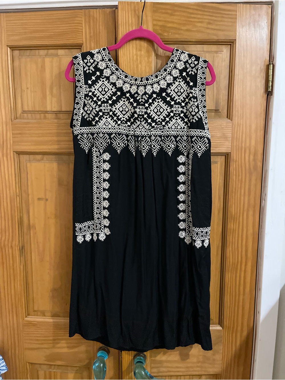 THML Black Midi Dress with White Embroidered Folk Motif
